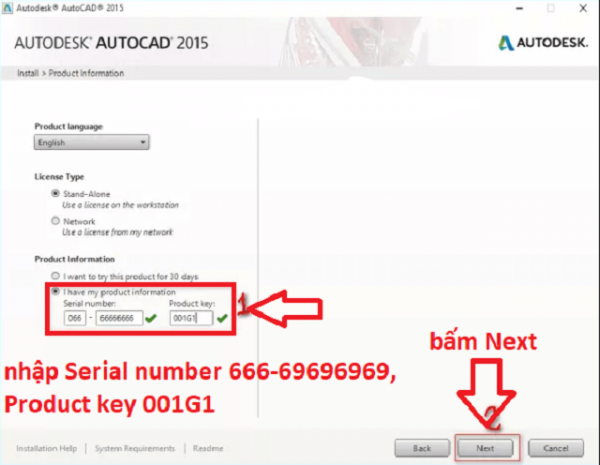 hãy tiến hành nhập Serial Number và các Product Key của AutoCAD 2015.