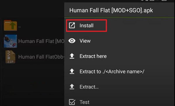 Nhấn chọn vào file có tên là Human Fall Flat [MOD+SGO].apk và chọn vào Install.